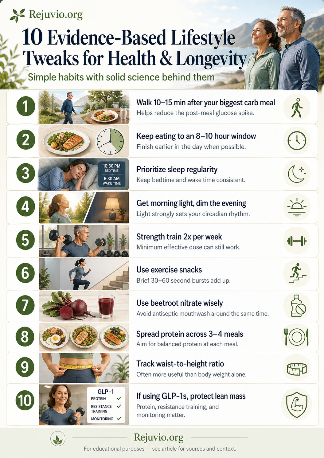 10 Evidence-Based Lifestyle Tweaks for Health and Longevity infographic