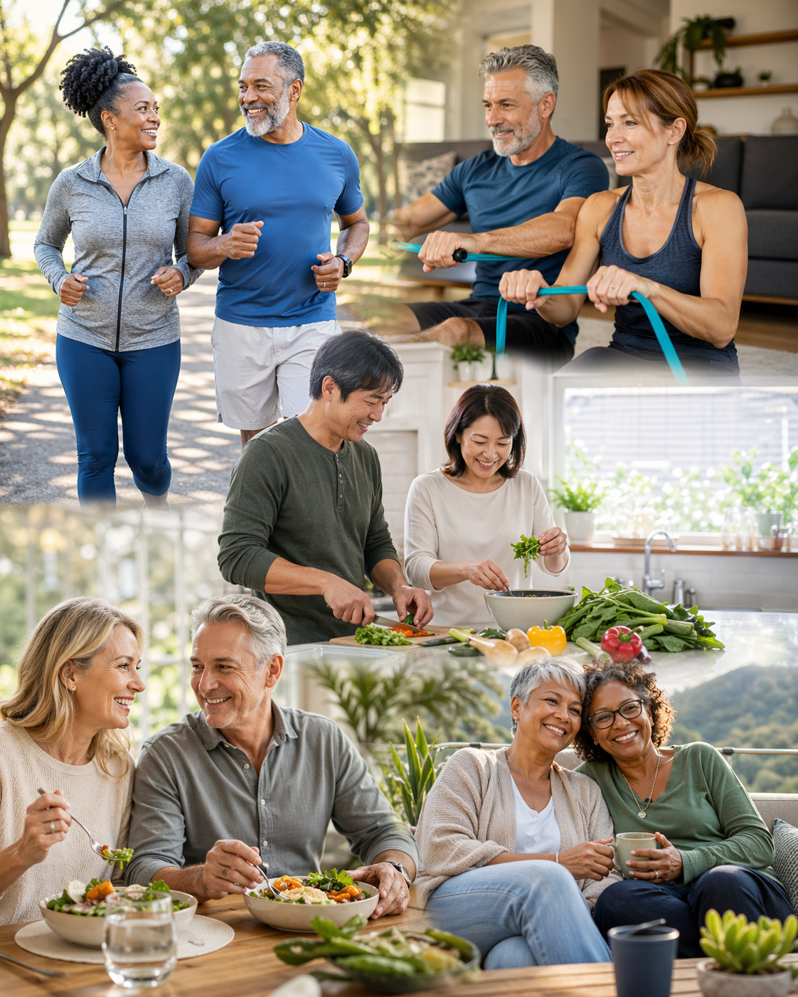 Healthy active adults walking, exercising, preparing food, and socializing.